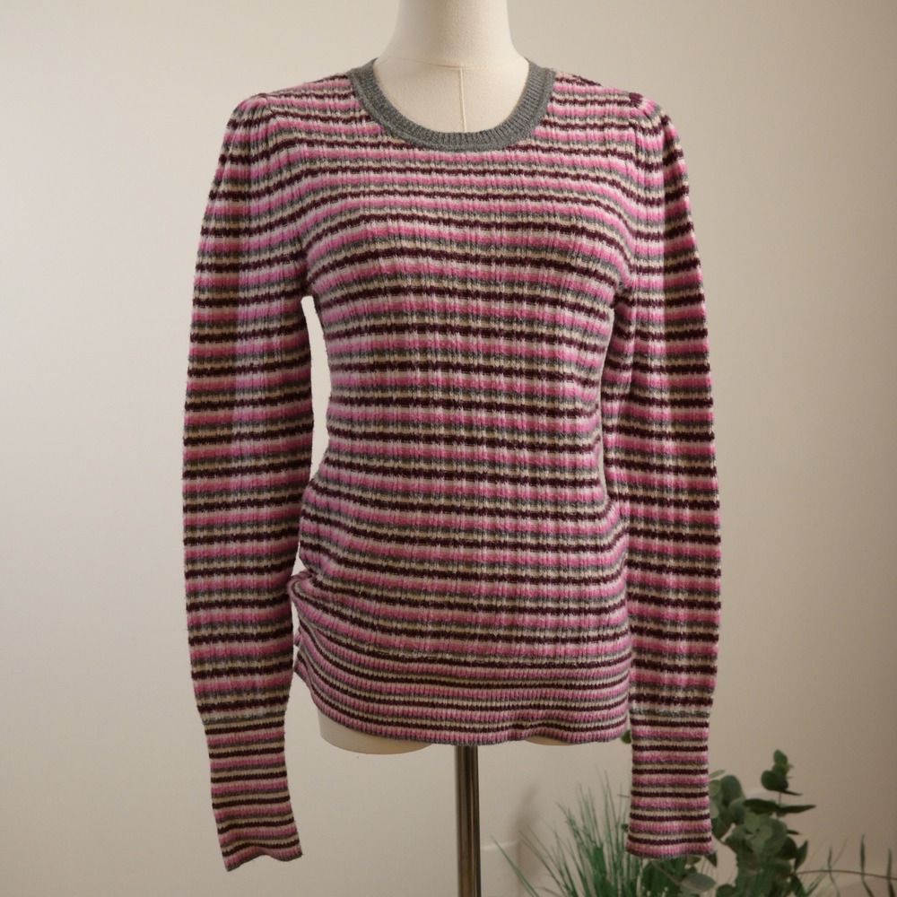 Loft Womens Small Pink Grey Striped Ribbed Knit Puff Shoulder Crewneck Sweater